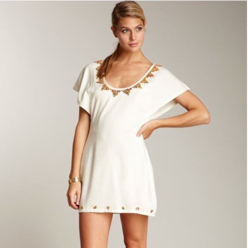White Mini Dress Wood Beaded Trim Womens 2 Tigerlily Beach Resort Summer